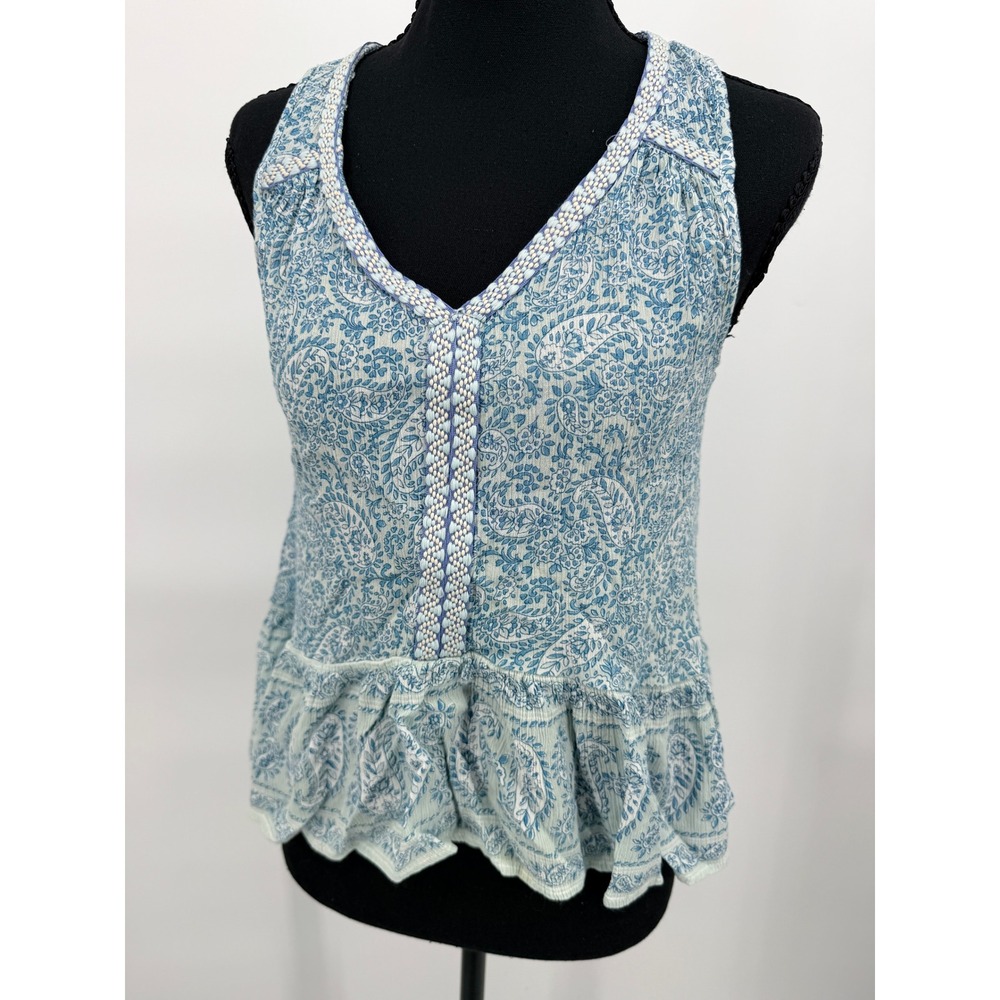 Patrons of Peace Peplum Top Women S Blue Paisley Excellent Boho V-Neck Tank